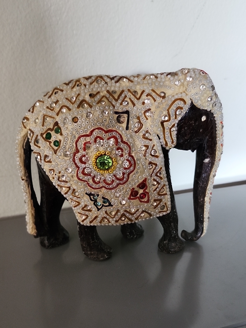 Handcarved Embellished Wooden Decorative Elephant Figurine